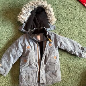 Polarn O. Pyret Gray Kids Puffer Jacket with Faux Fur Hood